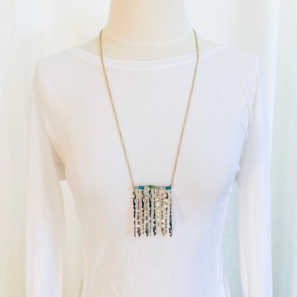 Alexis Bittar Gold Hammer Metal Fringe Gemstone Bar Turquoise Green Necklace - Picture 2 of 12